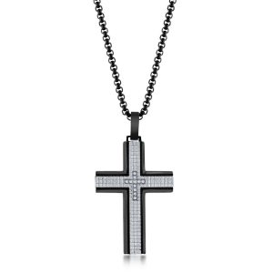 Stainless Steel Black & Silver CZ Cross Necklace