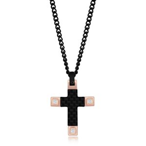 Stainless Steel, Carbon Fiber, Black & Rose Gold CZ Cross Necklace