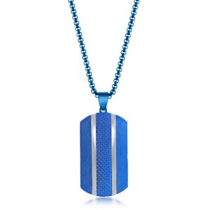 Stainless Steel Blue Textured Silver Double Lined Dog Tag Necklace