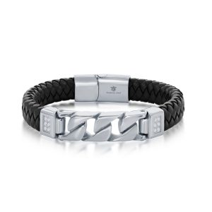 Stainless Steel Genuine Black Leather Curb Link Bracelet