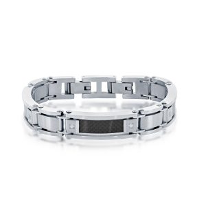 Stainless Steel Black Carbon Fiber Brushed and Polished Link Bracelet