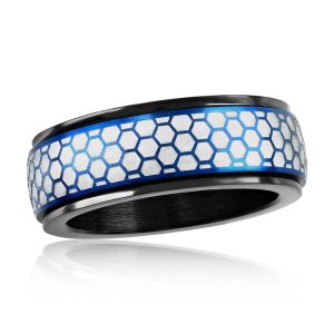 Stainless Steel Honey Comb Design Spinner Ring - Blue & Silver