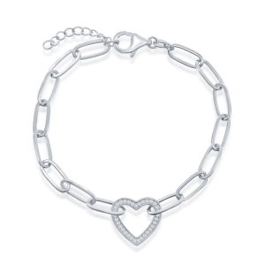 Sterling Silver, CZ Heart Paperclip Bracelet