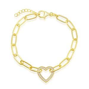 Sterling Silver, CZ Heart Paperclip Bracelet - Gold Plated