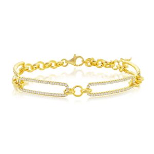 Sterling Silver, CZ Paperclip Bracelet - Gold Plated
