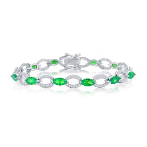 Sterling Silver Marquise & Oval Linked Bracelet - Emerald CZ