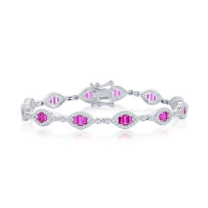 Sterling Silver, Baguette Tennis Bracelet - CZ Ruby