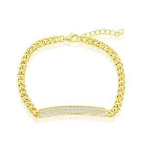 Sterling Silver, Micro Pave ID Cuban Chain Bracelet - Gold Plated