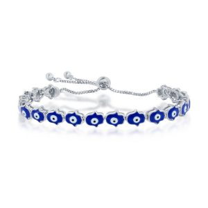 Sterling Silver, Blue Enamel Evil Eye Hamsa Adjustable Bolo Bracelet