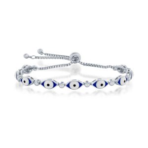 Sterling Silver, Blue Enamel Evil Eye w/CZ Adjustable Bolo Bracelet