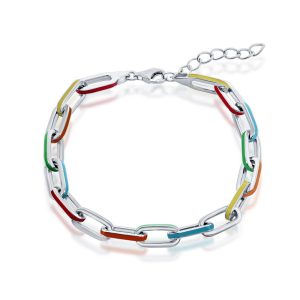 Sterling Silver, Multi-Color Enamel Paperclip Bracelet