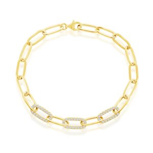 Sterling Silver, CZ Paperclip Bracelet - Gold Plated