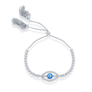 Sterling Silver Evil Eye Bezel-Set Adjustable Bolo Bracelet
