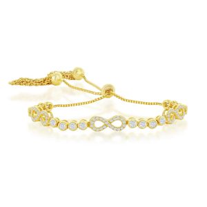 Sterling Silver, Bezel-Set CZ & Infinity Adjustable Bolo Bracelet - Gold Plated