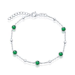 Sterling Silver, Bezel-Set CZ & Bead Bracelet - Emerald