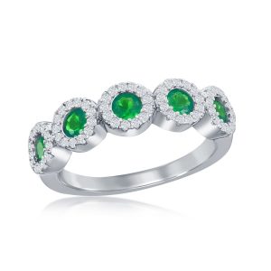 Sterling Silver, Round White & Emerald CZ Half Eternity Ring