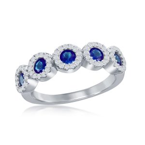 Sterling Silver, Round White & Sapphire CZ Half Eternity Ring