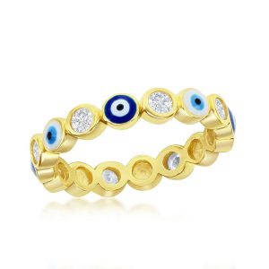 Sterling Silver CZ, Blue & White Enamel Evil Eye Eternity Ring - Gold Plated