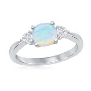 Sterling Silver Square Opal and Round CZ Ring