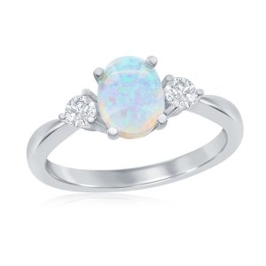 Sterling Silver, Oval Opal and CZ Ring