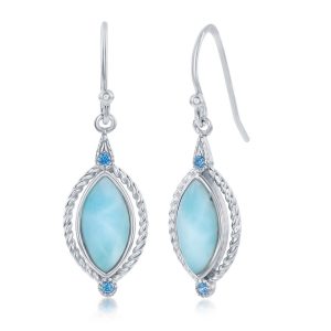 Sterling Silver, Marquise Larimar with Round Blue CZ Rope Design Earrings