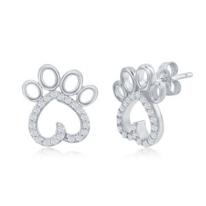 Sterling Silver Paw Print CZ Stud Earrings