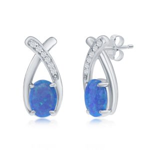 Sterling Silver, Oval Blue Opal with CZ Earrings