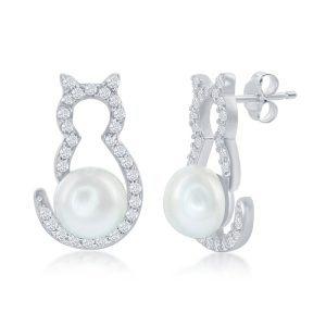 Sterling Silver CZ Cat with Round Pearl Earrings