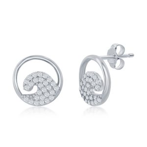 Sterling Silver, CZ Wave Stud Earrings