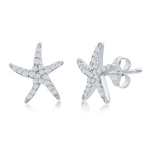 Sterling Silver, CZ Starfish Stud Earrings