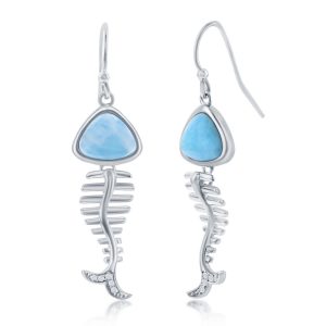 Sterling Silver, Larimar & CZ Fish Skeleton Earrings