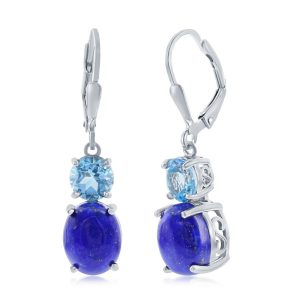 Sterling Silver, Oval Lapis & Round Gem Earrings - Blue Topaz