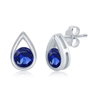 Sterling Silver 'September Birthstone' Pear-shaped Studs - Created Sapphire