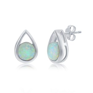 Sterling Silver 'October Birthstone' Pear-shaped Studs - Created Opal