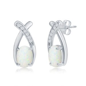 Sterling Silver, Oval White Opal with CZ Earrings