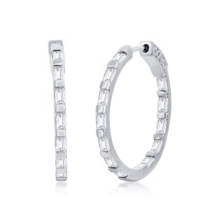 Sterling Silver. Baguette CZ 25mm Hoop Earrings - White CZ