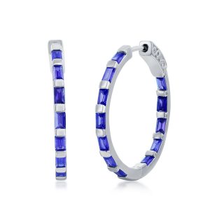 Sterling Silver, Baguette CZ 25mm Hoop Earrings - Sapphire CZ