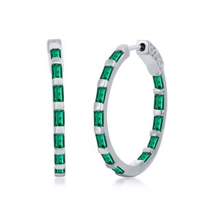 Sterling Silver, Baguette CZ 25mm Hoop Earrings - Emerald CZ