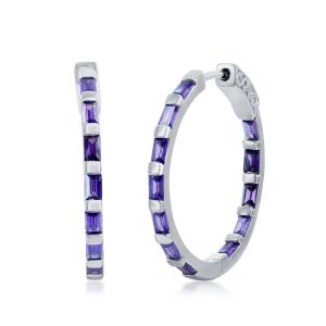 Sterling Silver, Baguette CZ 25mm Hoop Earrings - Amethyst CZ