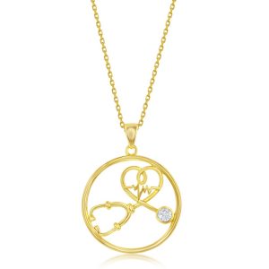 Sterling Silver, CZ Stethoscope Heartbeat Pendant - Gold Plated