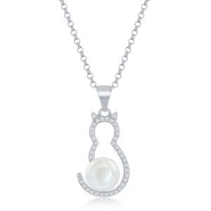 Sterling Silver CZ Cat with Round Pearl Pendant