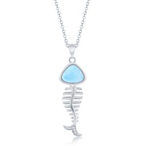 Sterling Silver, Larimar and CZ Fish Skeleton Pendant