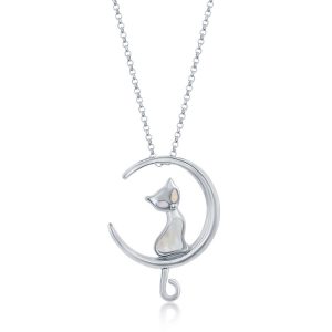 Sterling Silver, Mother of Pearl Cat on Moon Pendant
