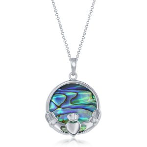 Sterling Silver Round Claddagh Pendant w/Chain - Abalone