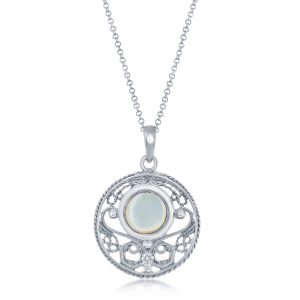 Sterling Silver Designed Round Pendant w/Chain - MOP