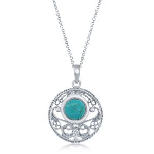 Sterling Silver Designed Round Pendant w/Chain - Turquoise