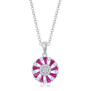 Sterling Silver Baguette CZ Cricle Pendant - Ruby