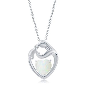 Sterling Silver, White Opal Heart Mother & Child Pendant