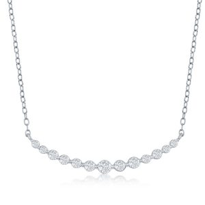 Sterling Silver, Graduating Round CZ Curved Bar Necklace