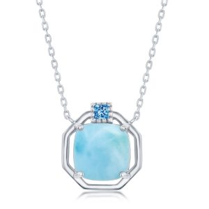 Sterling Silver, Cushion-Cut Larimar with CZ Hexagon Necklace